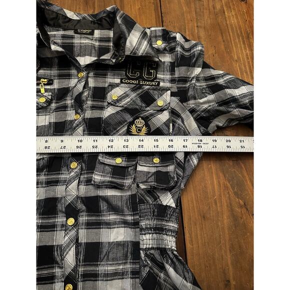 COOGI Women’s Black Embellished Button Shirt Gold Accents Size XL Smocked Waist - Picture 11 of 15